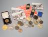 A collection of military badges and a collection of coins                                                                                                                                                                   