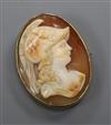 A yellow metal-mounted cameo brooch carved with the head of Minerva, 40mm.                                                             