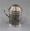 A George I Brittania standard silver kitchen pepper/spice shaker by William Fleming, 72mm.                                             