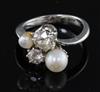 A white gold? and graduated two stone diamond and two stone cultured pearl set dress ring by C. Azzopardi & Sons, size O.              