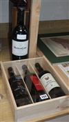 A magnum of Mouton cadet, 2003, a presentation box of three Spanish riojas, one Ch.la roseliere, 2006 and one Pol Roger champagne      