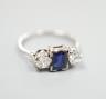 A white metal (stamped plat), sapphire and diamond set three stone ring, size K, gross weight 3.6 grams.                                                                                                                    