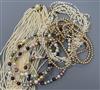 Four assorted necklaces including multi coloured cultured pearl and multi strand seed pearl.                                           