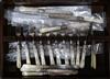 A set of 12 later Victorian plated engraved and carved mother o'pearl handled dessert knives and forks, later cased                    