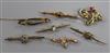 Seven assorted mainly early 20th century gem set bar brooches including three 9ct gold.                                                