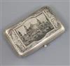 A late 19th century Russian 84 zolotnik silver and niello cigarette case, decorated with view of Lenin's Mausoleum?, gross 124 grams   