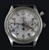 A gentleman's 1940's/1950's? stainless steel Lemania British military issue Royal Navy single button chronograph watch.                