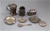 Eight assorted continental white metal and other items including two 830 dishes, 830 pill box, Egyptian box (no cover) etc.            