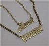 Two 9ct gold 'identity' pendant necklaces, "Mark" and "June".                                                                          