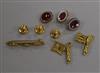 Three 15ct gold dress studs, three agate-set dress studs and two other items,                                                          