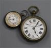 A base metal cased "Superior Railway Timekeeper" pocket watch and a Swiss 935 white metal fob watch.                                   