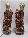 A pair of Chinese carved wood figure lamps overall height 60cm                                                                         