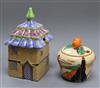 A Clarice Cliff Fantasque Bizarre 'Orange Trees and House' preserve pot and cover, shape 230 and a Shorter cottage preserve pot 14.5cm 