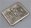 A 20th century Russian 875 silver cigarette case, embossed with three horsemen, gross 174 grams.                                       