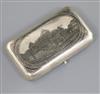 A 19th century Russian 84 zolotnik silver and niello cigarette case, decorate with scene of Pashkov House?, Moscow, gross 150 grams.   