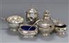 A stylish three piece silver condiment set, Birmingham, 1934 and one other three piece silver condiment set.                           