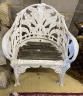 A Coalbrookdale style cast aluminium garden chair with slatted wood seat, width 65cm, depth 52cm, height 80cm                                                                                                               