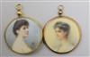 Two gold framed portrait miniatures on ivory, c.1900 3cm.                                                                              