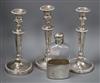 Assorted plated wares to include three candlesticks and a spirit flask                                                                 