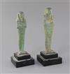 Two Egyptian green glazed composition Shabti, late period, 26th-30th dynasty, circa 664-332 B.C., 18.5 and 19cm excluding ebonised wood