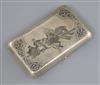 A late 19th century Russian 84 zolotnik silver and niello cigarette case, decorated with troika scene, gross 143 grams.                