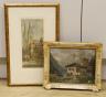 Pierre Le Boeff, watercolour, Continental street scene, signed, 27 x 12cm and an oil on card of an Alpine chalet, 20 x 24cm                                                                                                 