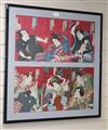 Japanese School, 4 triptych woodblock prints, Kabuki studies, 35 x 70cm, housed in two frames                                          