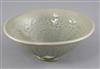 A large Chinese moulded Yaozhou celadon bowl, Jin dynasty (1115-1234), diameter 20.2cm                                                 