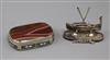 An agate lid snuff box and model white metal Maltese boat.                                                                             