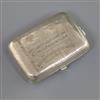 A late 19th century Russian 84 zolotnik small silver cigarette case with 'banknote' decoration in cyrillic, 52 grams.                  