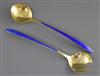 A pair of 1960's Norwegian sterling silver gilt and blue enamel salad servers by David Andersen, 156 grams.                            