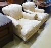 A pair of Howard style cream brocade upholstered lounge armchairs, width 85cm, depth 100cm, height 80cm                                                                                                                     