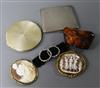 Two silver compacts, an amber pebble, two shell cameos and a pair of paste buckles                                                     