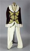 Fledermaus: Prince Orlofsky's maroon velvet jacket, trimmed with gold braid and white fur trim, a matching silver and gold waistcoat an