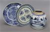 A Chinese blue and white jar and two plates largest diameter 24.5cm                                                                    