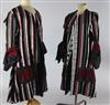 Two stunning silver, black and maroon striped gentlemen's frock coats, with large flap pockets and cuffs                               