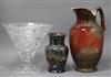 A large glass trumpet vase, a jug and a cut glass vase tallest 35cm                                                                    