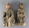 Two Chinese polychrome and gilt lacquered wood figures of immortals, 17th - 18th century, H.37.5cm, losses to decoration and splits    