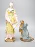 A late 19th century Italian maiolica figure of a Grecian woman or goddess with pipes and Sicilian terracotta figure of a Saint, tallest 38cm                                                                                
