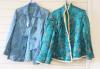 A Chinese turquoise silk damask Chinese robe / jacket, length 67cm, and a later 1940's coloured brocade jacket                                                                                                              