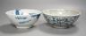 2 Chinese blue and white bowls, 15 cms diameter.                                                                                                                                                                            