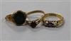 A George V amethyst and diamond three stone ring and two other rings including a bloodstone signet ring with monogram.                 