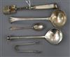 A George III silver and mother of pearl handled stilton scoop, Birmingham 1808 and four other items.                                   