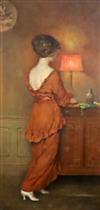 Henri Moreau (Belgian, 1869-1943) 'The Lady in Red' 39 x 19.5in.                                                                       