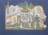 A Mughal style gouache on fabric painting of figures in a courtyard, 78 x 106cm                                                        