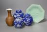 Three Chinese blue and white ginger jars and covers, a celadon plate and bamboo covered vase (5)                                                                                                                            