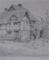 G M Wilson, pencil drawing, Cottages at Blewbury, signed, 21 x 17cm                                                                    