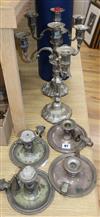 A pair of silver-plated four branch candelabra and four Victorian silver plated chambersticks Candelabra H.39cm                        