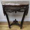 A Louis XVI style carved mahogany marble topped serpentine fronted console table W.79cm                                                