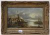 19th century English School, oil on board, Fishing boats along the coast, 18 x 31cm                                                    